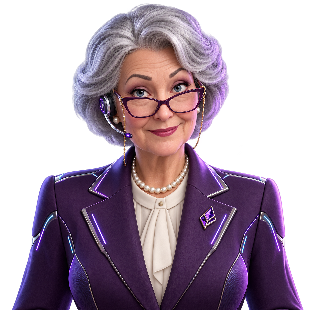 D.I.A.N.E., a silver-haired assistant with reading glasses and a violet cyber headset